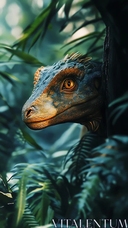 Hyperdetailed raptor head emerging from dense jungle foliage