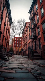 Narrow brick alleyway with wet cobblestones and fire escapes