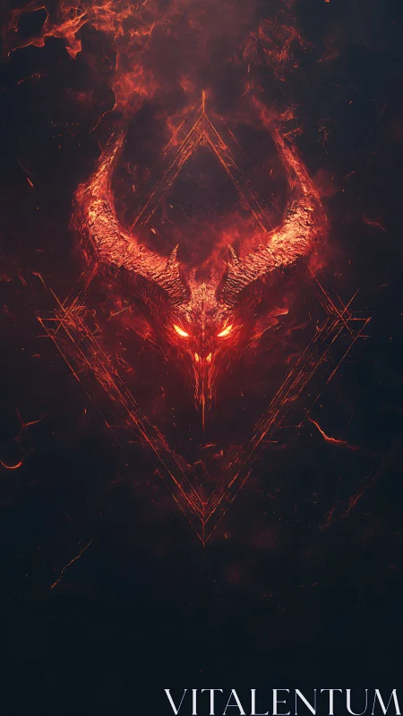 Infernal horned skull sigil in burning geometric frame, frontal