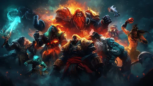 Inferno-forged fantasy squad charging through stormlight.