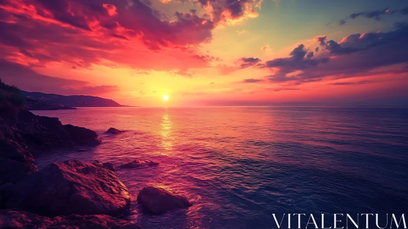 Coastal shoreline meets open sea under saturated sunset sky