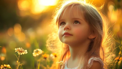 Young child gazes upward in golden hour sunlight field setting