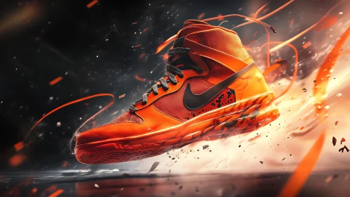 Blazing orange sneaker soars forward in a burst of energy