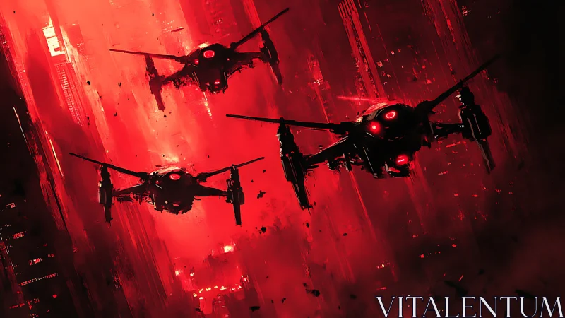 Autonomous rotary drones over red-illuminated cityscape.