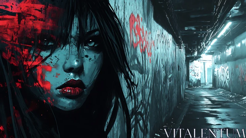 Woman’s painted face dominates a neon lit graffiti alley