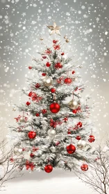 Symmetric snowfall-framed Christmas tree ornament array.