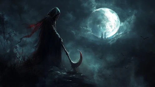 Hooded reaper figure with scythe under large full moon.