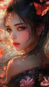 Digital painting portrait with luminous floral accenting and bokeh.