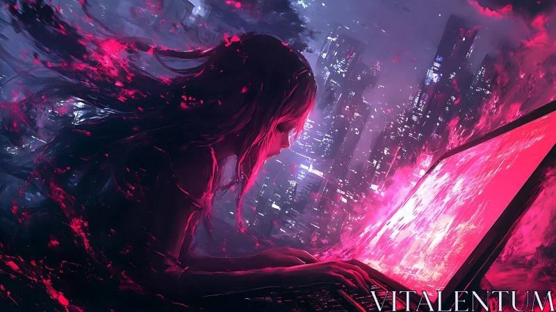 Cyberpunk neon hacker silhouette with luminous city gradient.