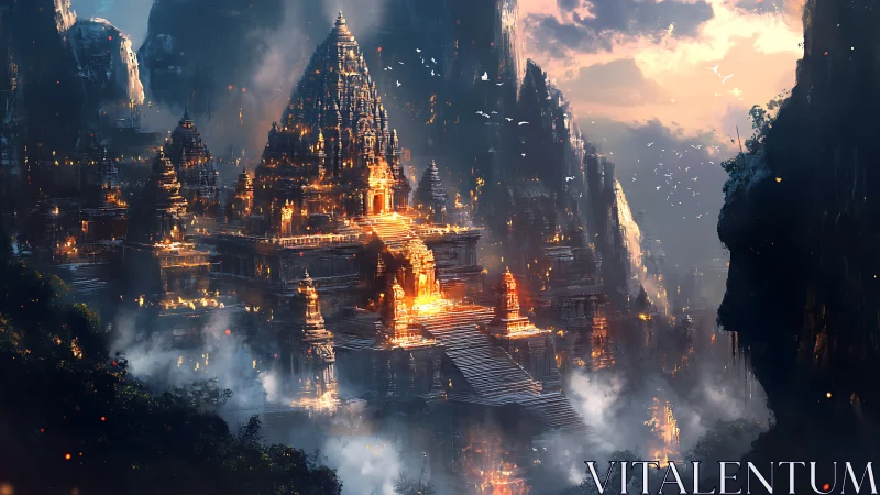 Mystic mountain temple city glowing through twilight mist.