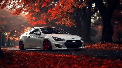 Crimson leaves crown a white sports coupe in autumn hush