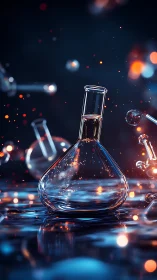 Laboratory flask captures luminous fluid in bokeh-rich space