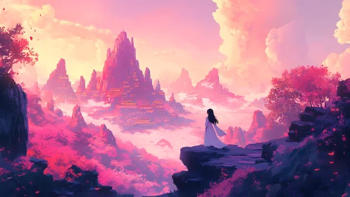 Mystic mountain city glows under vivid pink sunrise sky.