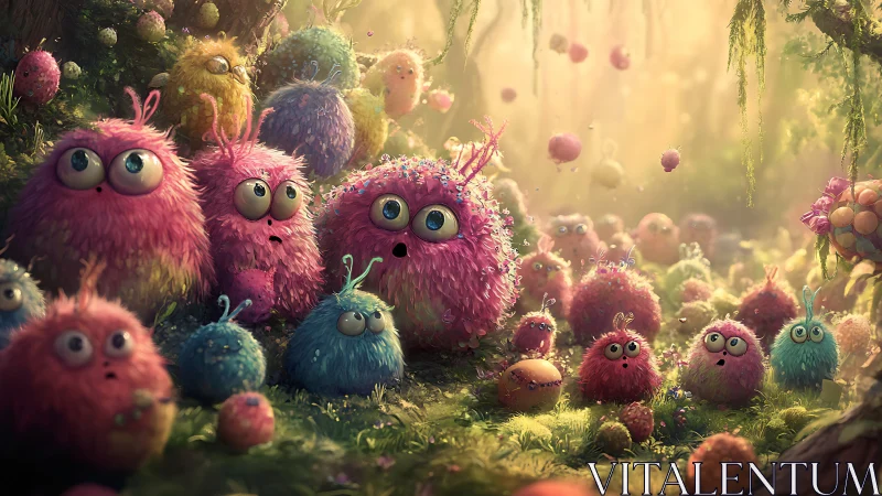 Furry pastel forest creatures gathered in soft sunlight.