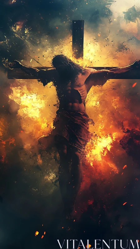 Crucified figure silhouetted against erupting inferno sky.