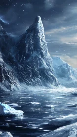 Silent starlit ice peak rises above a frozen midnight sea