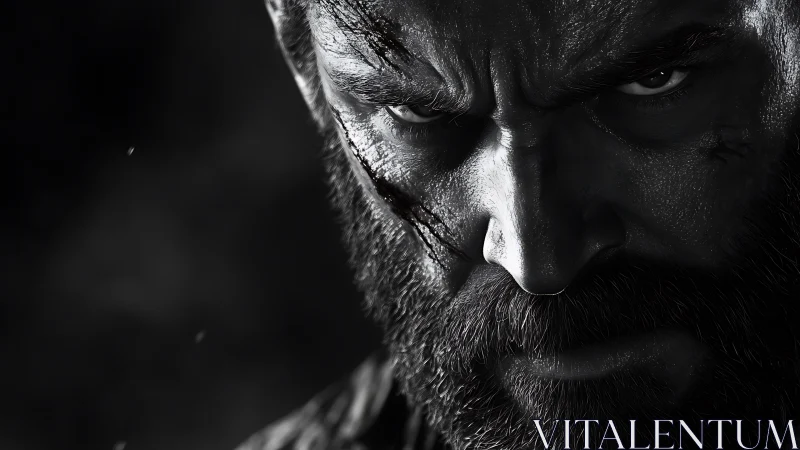 Monochrome close-up of bearded scarred male face in tension