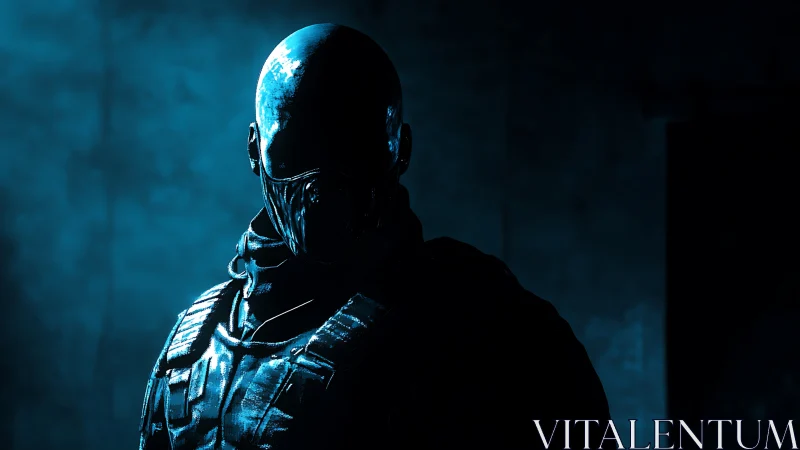 Tactical biomech operative in high-contrast cyan backlight.