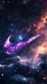 Galactic swoosh emblem floats amid glowing cosmic clouds