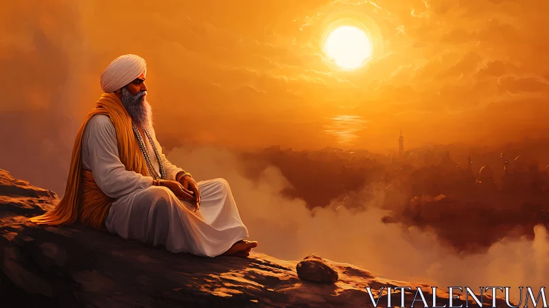 Sikh elder meditates above golden city under incandescent sun