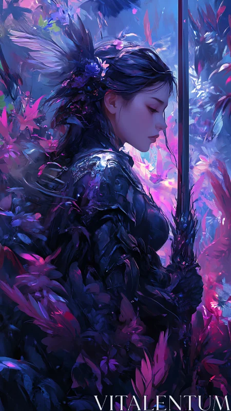 Bioluminescent floral knight portrait in iridescent armor