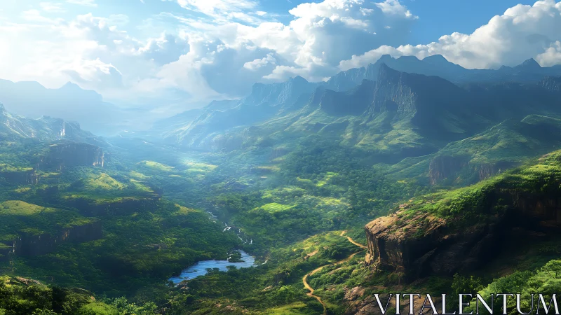 Sunlit tropical valley with misted mountain escarpments and lake