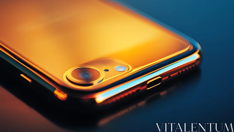 Metallic smartphone with gold-to-blue gradient under dramatic studio lighting.