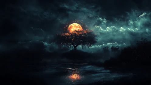 Luminous orange moon framed by solitary tree over misty river