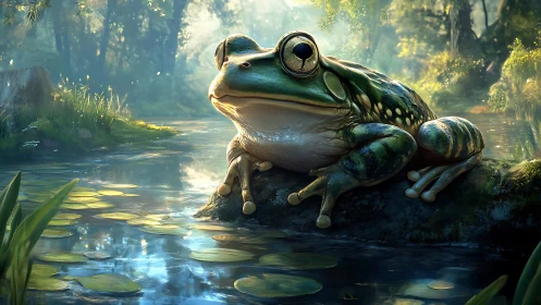Pondside daydreamer frog basking in enchanted forest glow.