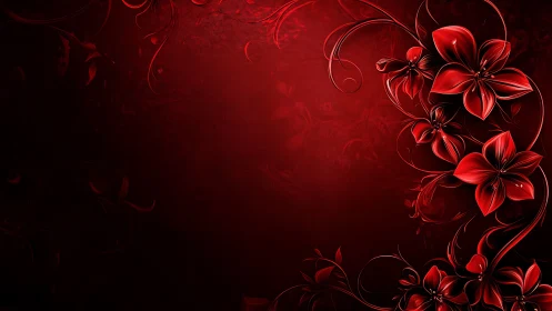 Red florals with ornamental scrollwork on dark background.