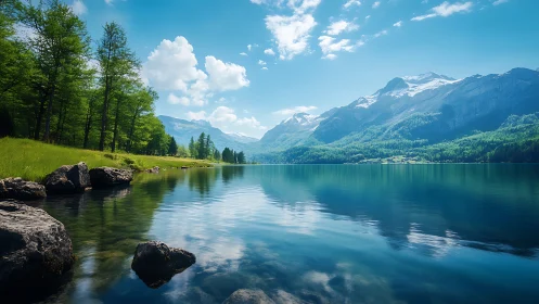 Mountain lake shoreline with forest, rocks and clear sky.