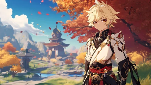 Golden-haired traveler in a peaceful autumn temple valley.