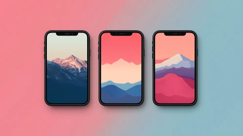 Smartphones display gradient mountain wallpapers in row
