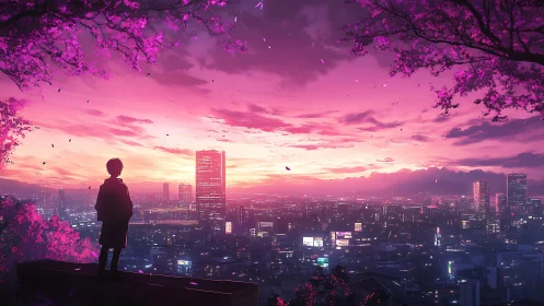 Silhouetted figure watching pink sunset over neon cityscape.