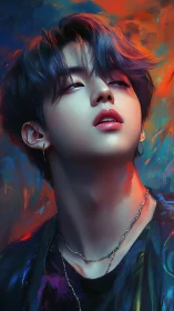 Digital portrait of luminous youth amid abstract neon bokeh