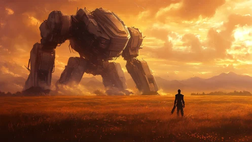 Solitary figure confronting giant mech in sunset field.