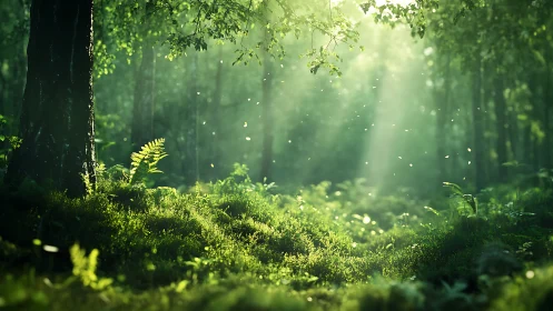 Sunlight streaming through lush green forest in ethereal style.