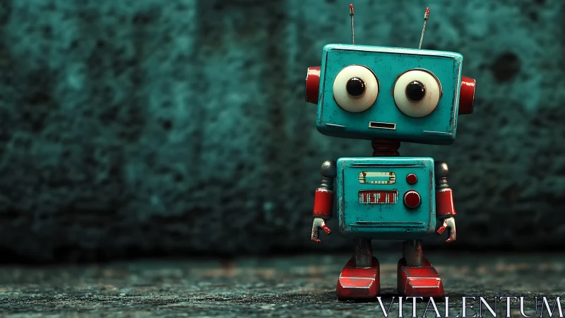 Vintage teal toy robot stands in shallow-depth cyber studio