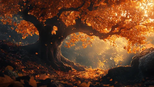 Ancient autumn tree glows in drifting golden sunlight forest.