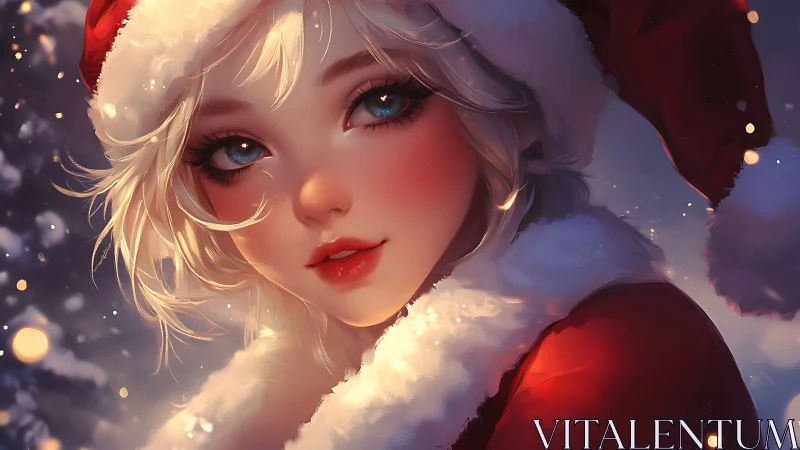 Snowlit holiday portrait of blonde girl in red Santa coat.