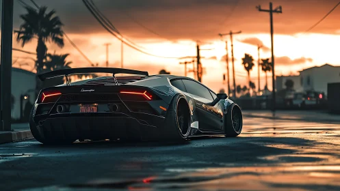 Low-slung supercar glows against dramatic urban sunset street.