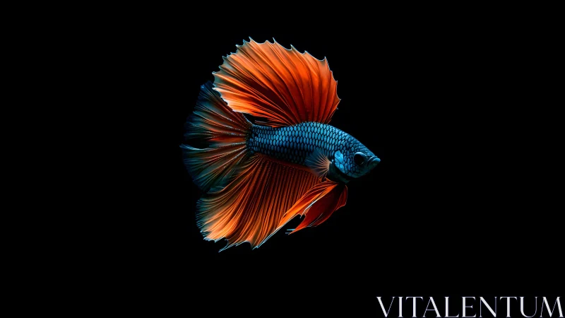 Vibrant Blue and Orange Betta Fish on Black Background, Photorealistic.