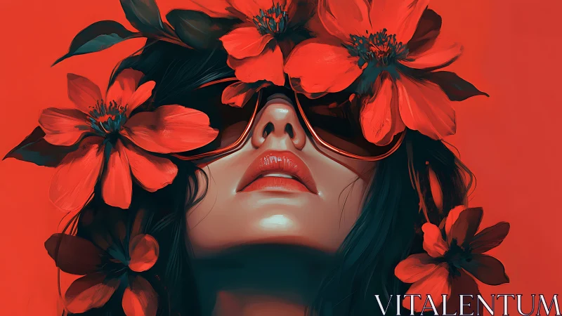Surreal woman in red blossoms exudes bold electric glamour