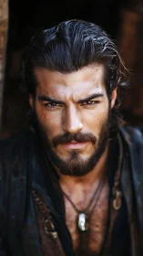 Bearded man stares intensely forward with rugged expression