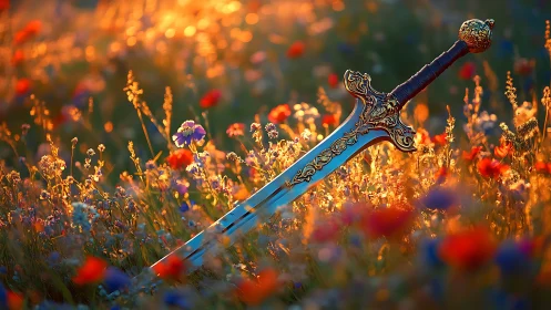 Wildflower sunrise crowns a gilded sword with quiet myth