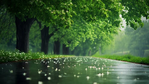 Rain-kissed parkway where green trees hush the afternoon.