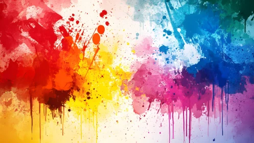 Vibrant abstract paint splashes in rainbow colors, modern art style.