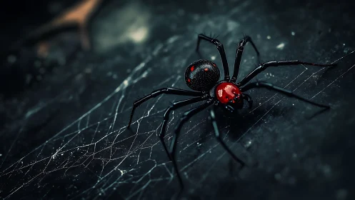 Black and red spider on web against dark textured ground.