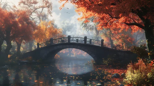 Stone bridge spans a misty autumn river in glowing foliage