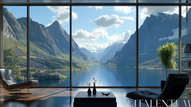 Panoramic glass-walled lounge overlooks high-contrast fjord valley